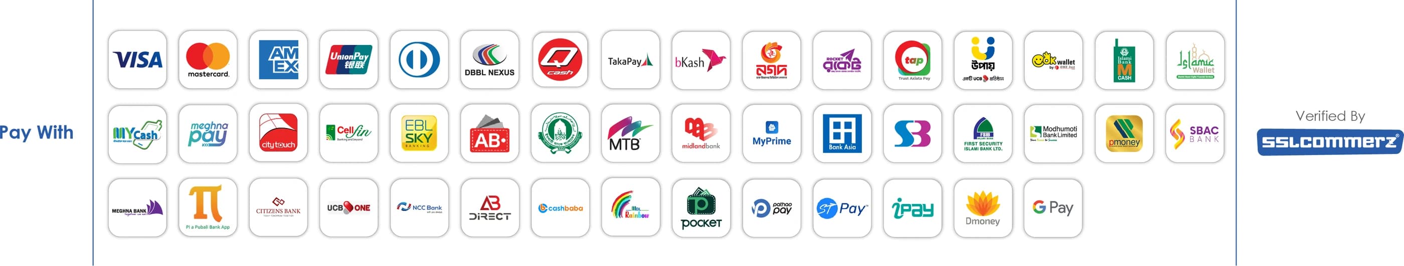 Pay with Visa, Mastercard, American Express, bKash, Nagad, Rocket, Upay, internet banking and more — verified by SSLCommerz